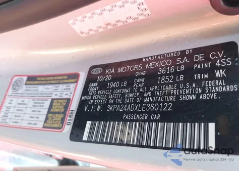 2020 Kia Rio S z USA, uszkodzony, nr VIN 3KPA24ADXLE360122